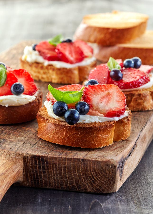 Toasted Bread with Berries and Cream Cheese Stock Image Image of