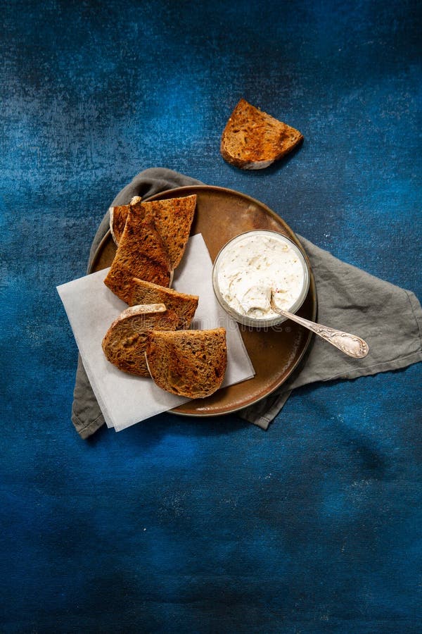 Toasted Bread with Cream Cheese for Breakfast Top View Stock Image