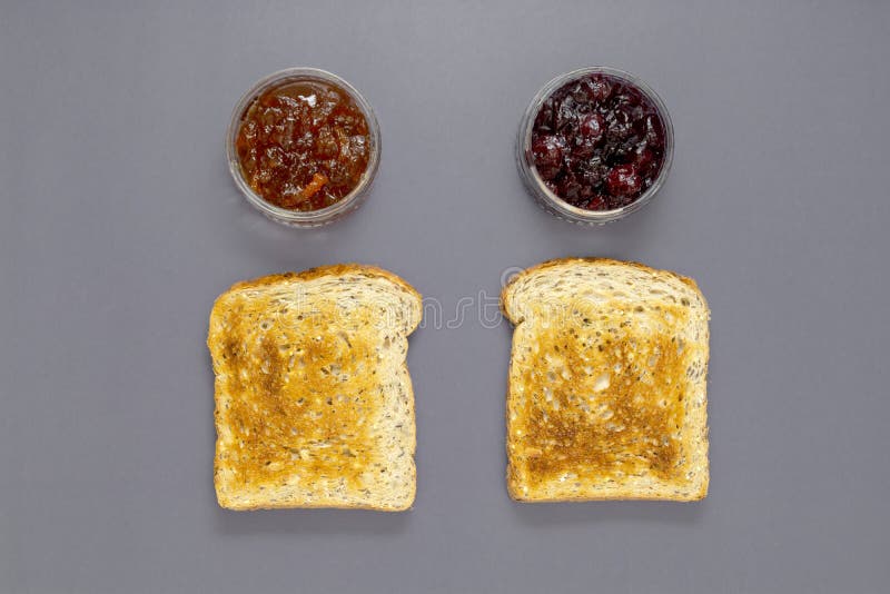 Toasted Bread with Fruit Jams, Top View with Copy Space Stock Photo