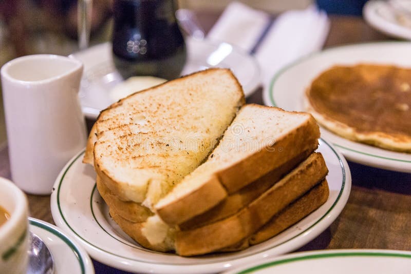 Toasted Bread and Pancake on Breakfast Table Stock Image Image of