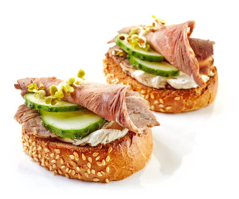 Toasted Bread with Roast Beef and Cucumber Stock Image Image of