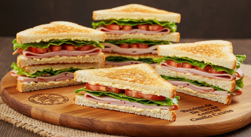 Toasted club sandwiches are arranged on a round wooden board. Each sandwich has vector illustration
