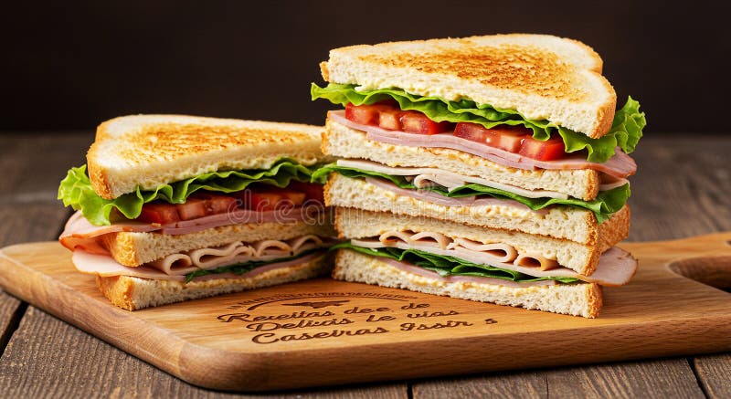 Toasted club sandwiches stacked on a wooden cutting board. The sandwiches vector illustration