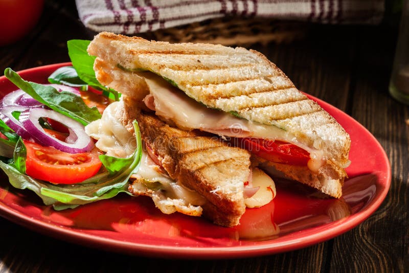 Toasted Panini with Ham, Cheese and Tomato Sandwich Stock Image Image