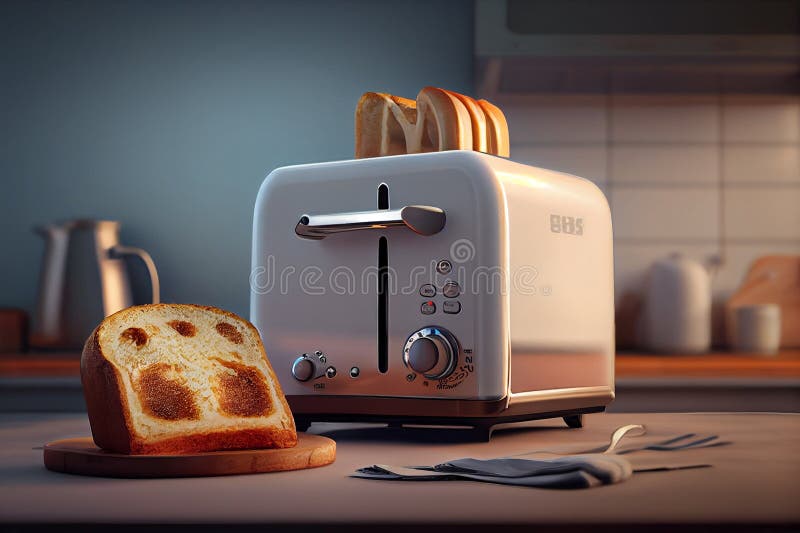 Toaster with Dishes and Sandwiches on a Light Kitchen Table Stock