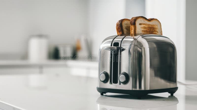 A toaster oven with two slices of bread in it on a counter, AI
