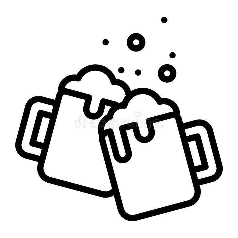 Toasting Beer Glasses Linear Icon. Two Foamy Beer Glasses Symbol Vector