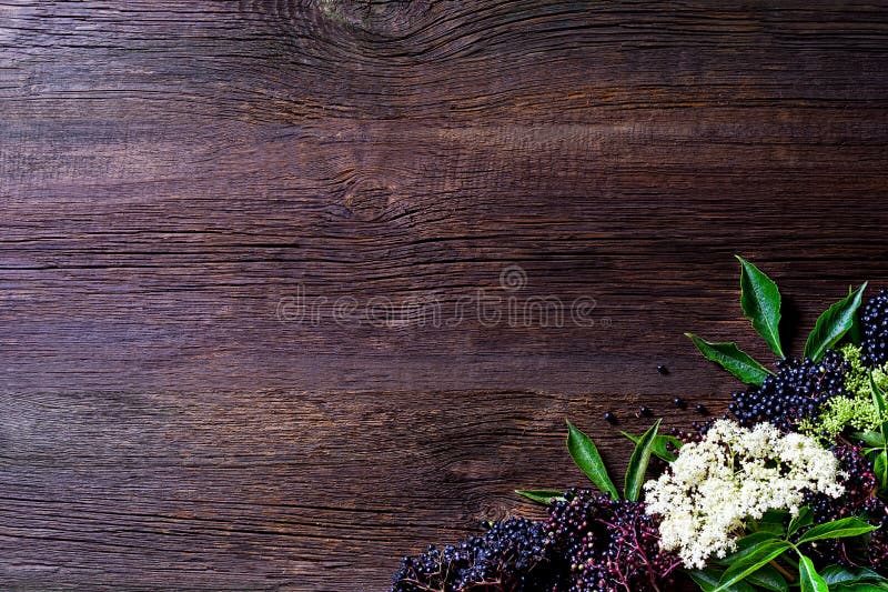 Toasts with elderberry jam and fresh berry fruits on wooden table. Free space for your text.