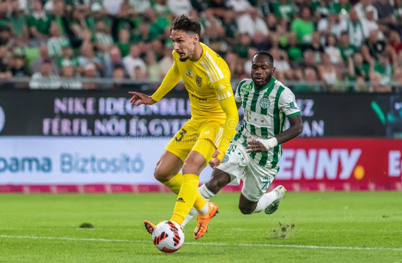 BUDAPEST, HUNGARY - AUGUST 9: Adama Traore of Ferencvarosi TC controls the  ball during the UEFA Champions League Qualifying Round match between Ferencvarosi  TC and Qarabag FK at Ferencvaros Stadium on August