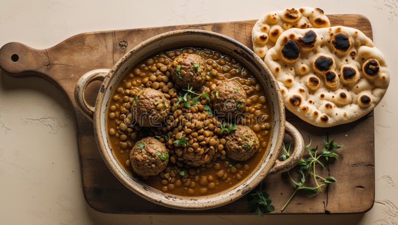 Tocană de chifteluțe din lintea inimă cu pâine de naan din bucătăria rustică de toamnă royalty free stock photos