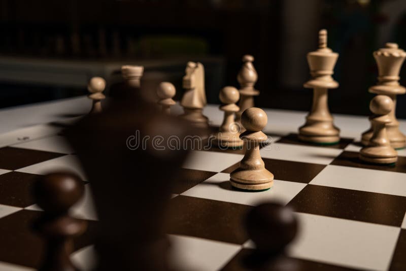 Jogue xadrez de madeira no tabuleiro em uma gaiola marrom peões e