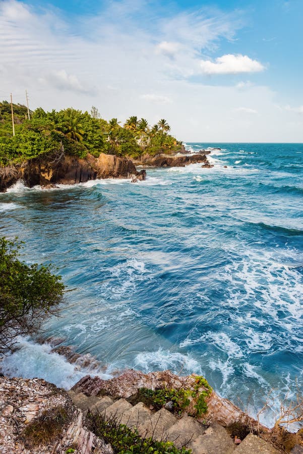 Toco Trinidad and Tobago West Indies rough sea beach cliff edge view.