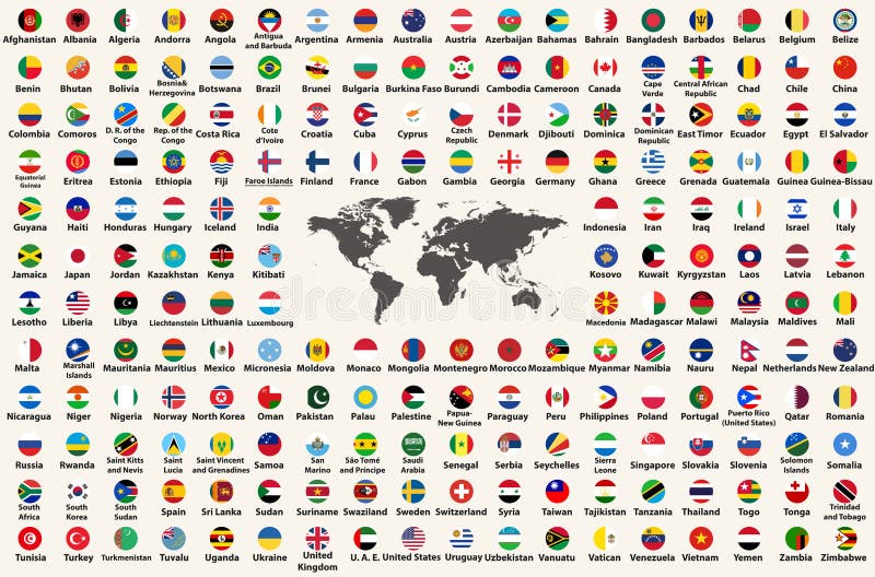 All countries flags of the world in circular form design, arranged in alphabetical order, with original colors and high detailed emblems. Map of the world. All countries flags of the world in circular form design, arranged in alphabetical order, with original colors and high detailed emblems. Map of the world.