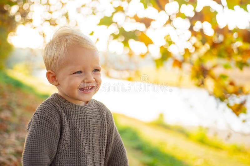 Toddler boy blue eyes enjoy autumn. Small baby toddler on sunny autumn day. Warmth and coziness. Happy childhood. Sweet