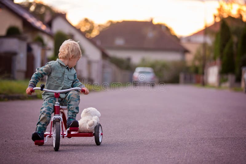 Toddler child, blond boy, riding tricycle in a village small road on sunset with teddy bear