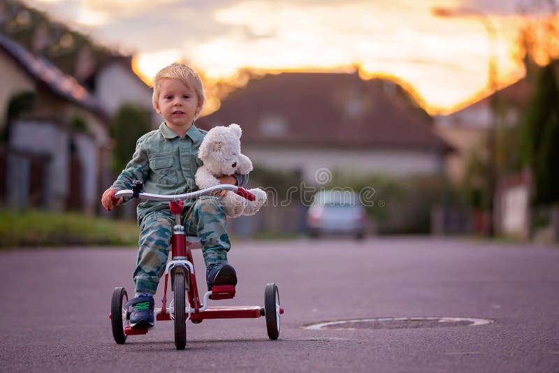 Toddler child, blond boy, riding tricycle in a village small road on sunset with teddy bear