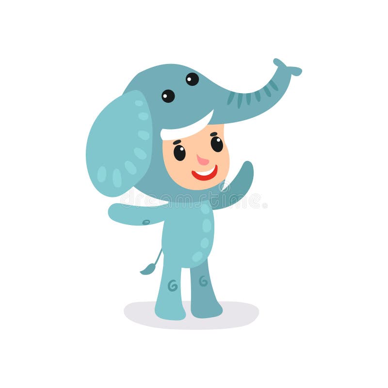 Toddler child in blue elephant jumpsuit. Little boy or girl character having fun at children party. Kid wearing animal