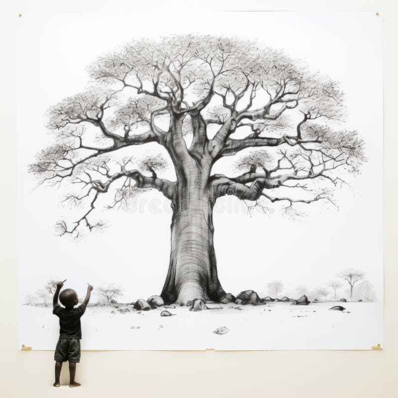 child stands by a drawing of old baobab trees in africa in 2012. the artwork is created in the style of monumental ink paintings, featuring hyper-realistic animal illustrations and large-scale installations. this commission for steinheil quinon 55mm f19 lens captures the unpolished authenticity of the scene, emphasizing the gigantic scale of the baobab trees. ai generated. child stands by a drawing of old baobab trees in africa in 2012. the artwork is created in the style of monumental ink paintings, featuring hyper-realistic animal illustrations and large-scale installations. this commission for steinheil quinon 55mm f19 lens captures the unpolished authenticity of the scene, emphasizing the gigantic scale of the baobab trees. ai generated