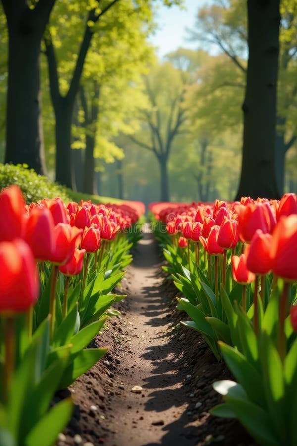 Toddler exploring vibrant tulip garden Sunny spring day , bloom, happy royalty free illustration