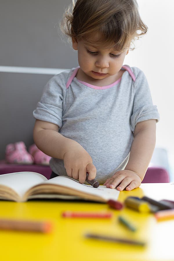 Toddler Girl Drawing with Crayons on Paper Stock Photo Image of