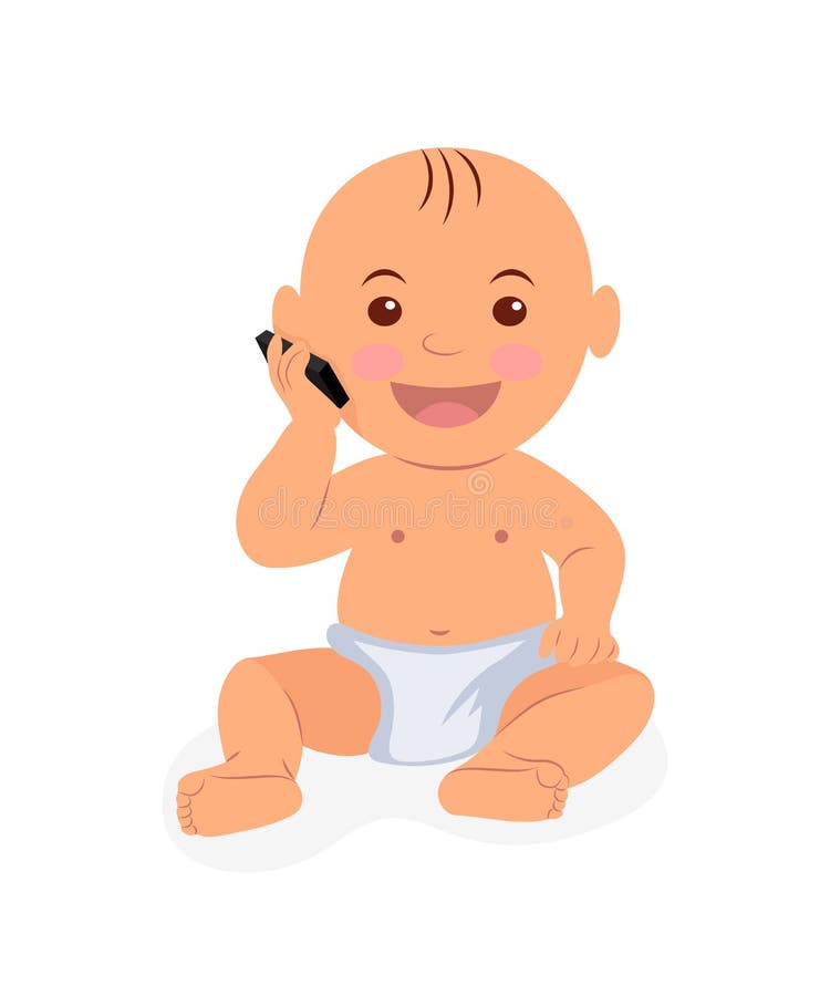 Toddler sitting and talking on the phone. Illustration baby playing with the phone in flat style