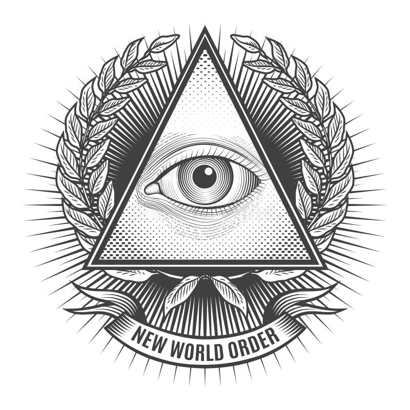 All seeing eye in delta triangle. Pyramid and freemasonry icon, new world order emblem, vector illustration. All seeing eye in delta triangle. Pyramid and freemasonry icon, new world order emblem, vector illustration