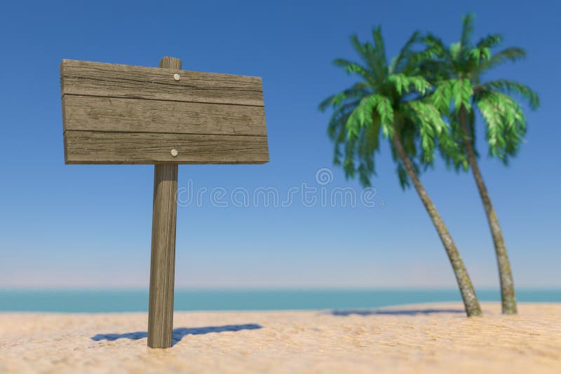 Tourism and Travel Concept. Empty Wooden Direction Signbard in Tropical Paradise Beach with White Sand and Coconut Palm Trees on a Blue Sky Background. 3d Rendering. Tourism and Travel Concept. Empty Wooden Direction Signbard in Tropical Paradise Beach with White Sand and Coconut Palm Trees on a Blue Sky Background. 3d Rendering