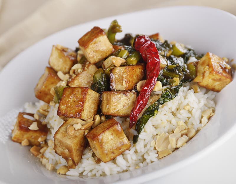 Tofu with Chinese Broccoli and Rice Stock Photo - Image of rice, sauce