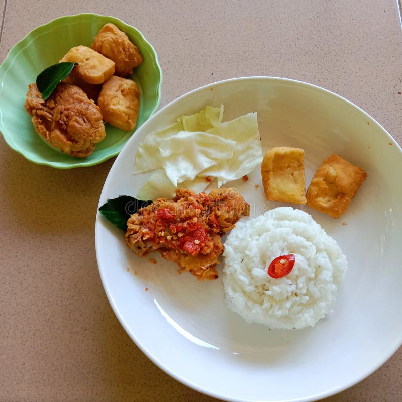Tofu and Fried Chicken with Sambal and Rice Stock Image - Image of tofu