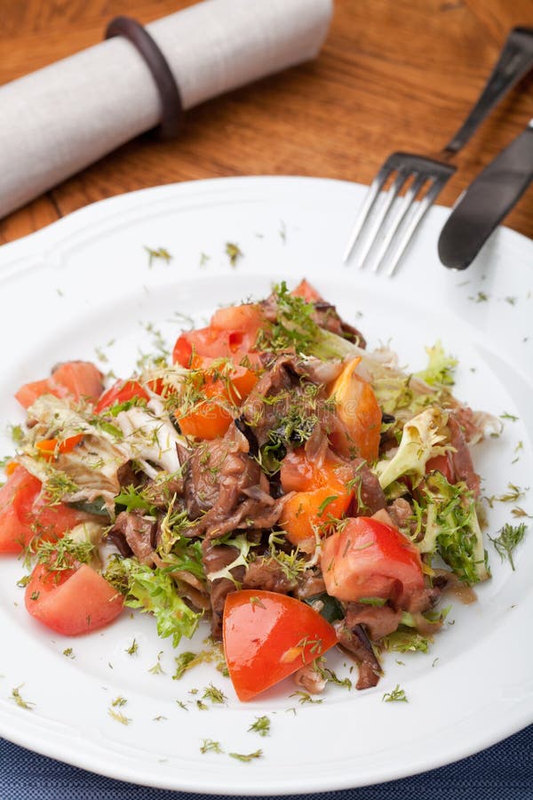 Tofu Marinated in Soy Sauce with Tomato and Salad Stock Image - Image