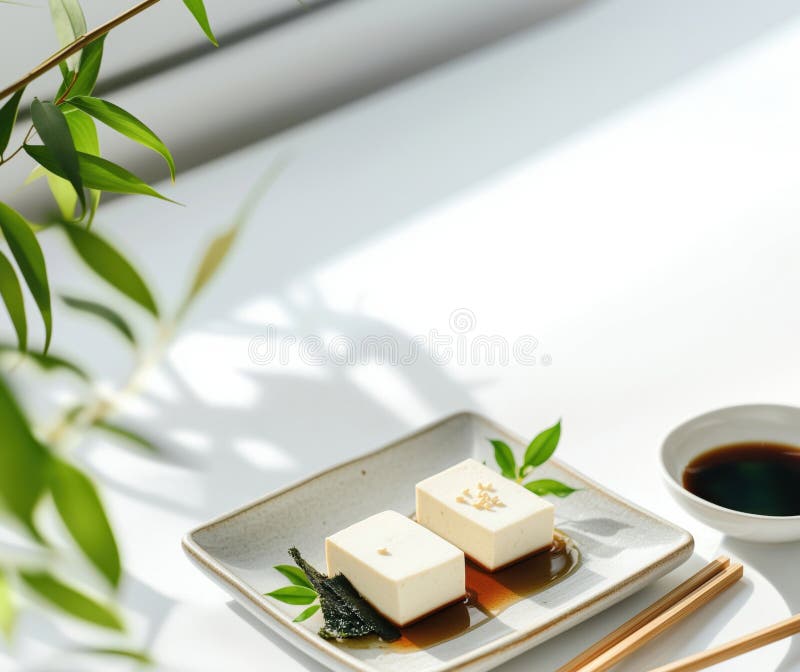 Tofu-skål med sojassås som har behandlats med sesamfrön och färska blad som serveras på ett minsta utrymme för kopiering av tallri arkivfoton