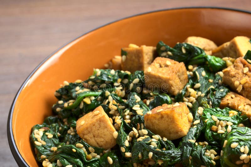 Tofu, Spinach and Sesame Stir-Fry Stock Image - Image of stir