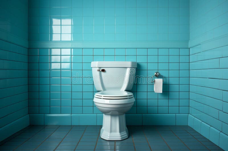 A Toilet in a Blue Bathroom Created with Generative AI Technology Stock