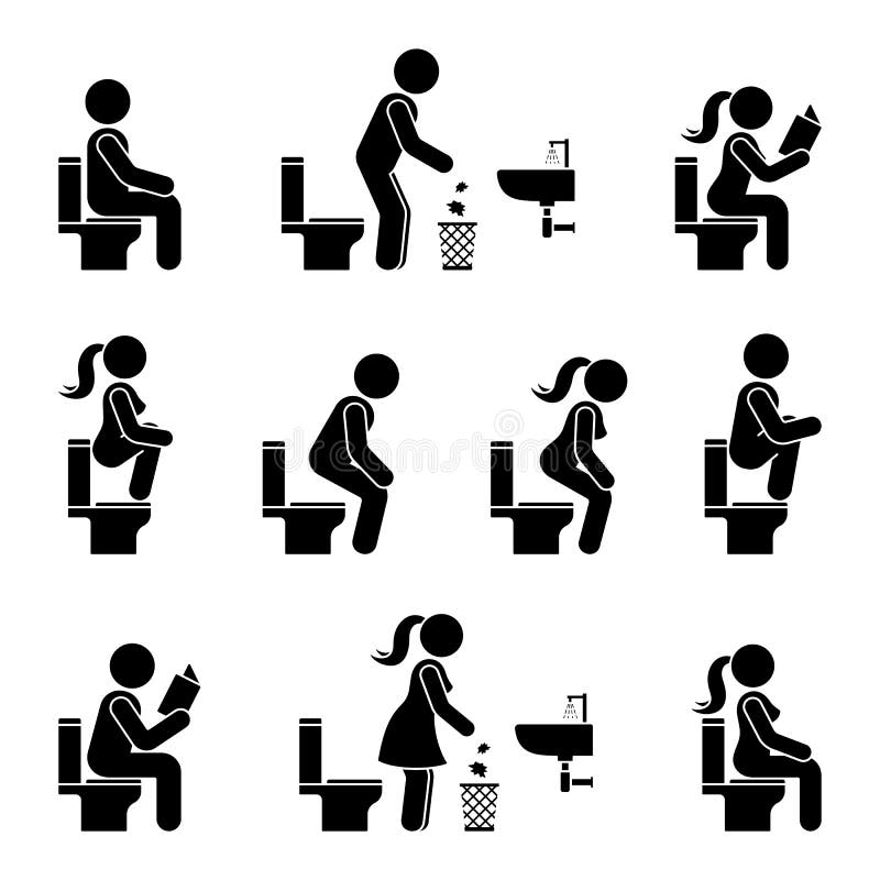 Toilet icon stick figure man, woman symbol silhouette pictogram vector. Sitting, peeing, reading, throwing paper trash bin signs
