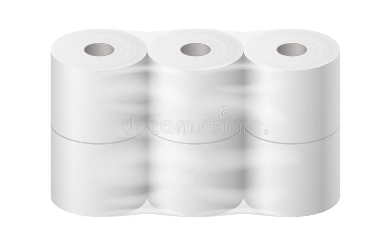 Toilet paper pack realistic. White mock up with transparent wrapping template for branding