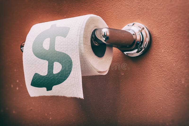 Toilet paper roll with dollar money sign on wall of rustic looking bathroom. Toilet paper roll with dollar money sign on wall of rustic looking bathroom.