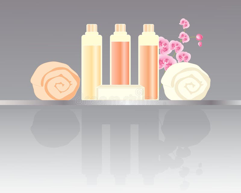 An illustration of a set of hotel toiletries including face cloths soap bottles of shampoo conditioner and lotion with orchid flower on a metal surface. An illustration of a set of hotel toiletries including face cloths soap bottles of shampoo conditioner and lotion with orchid flower on a metal surface