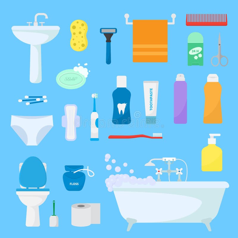 Hygiene personal care vector toiletries set of hygienic bath products and bathroom accessories soap shampoo or shower gel for bodycare icons illustration on background. Hygiene personal care vector toiletries set of hygienic bath products and bathroom accessories soap shampoo or shower gel for bodycare icons illustration on background.