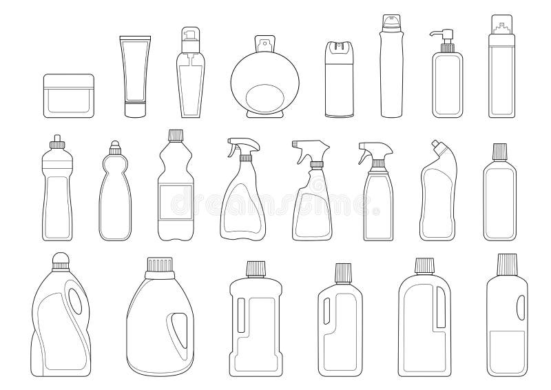 Detergents and toiletries bottles icon set outline. Detergents and toiletries bottles icon set outline