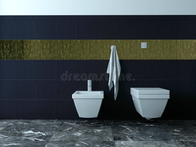 Toilette und Bidet gegen schwarze Fliesen stockbild Toilette und Bidet gegen schwarze Fliesen stockbild