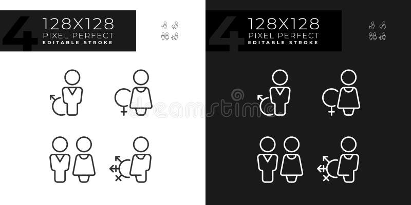 Toilets for different gender groups pixel perfect linear icons set for dark, light mode. WC in public place. Thin line symbols for night, day theme. Isolated illustrations. Editable stroke. Toilets for different gender groups pixel perfect linear icons set for dark, light mode. WC in public place. Thin line symbols for night, day theme. Isolated illustrations. Editable stroke