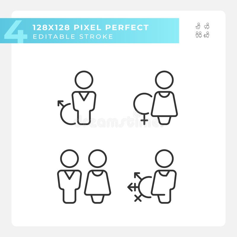 Toilets for different gender groups pixel perfect linear icons set. WC in public place. Restrooms definitions. Customizable thin line symbols. Isolated vector outline illustrations. Editable stroke. Toilets for different gender groups pixel perfect linear icons set. WC in public place. Restrooms definitions. Customizable thin line symbols. Isolated vector outline illustrations. Editable stroke