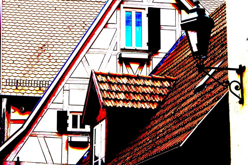 Toits de tuiles de 2 maisons médiévales bien entretenues avec la lucarne et la fenêtre de mauvais coloris. Toit de tuiles et façade à colombages, grenier de 2 maisons construites ensemble, pièces médiévales de maison avec la lucarne et la fenêtre et le moitié-boisage, appartements confortables de grenier, fenêtre avec cadre blanc et bleu, glas
Tuiles de queue de castor, architecture aux couleurs fausses, aspect de construction de mauvais coloris,