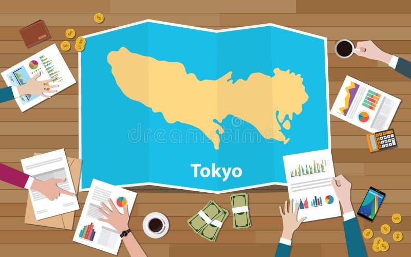 Tokio Japan stolicy regionu gospodarki przyrost z drużyną dyskutuje na fałd map widoku od wierzchołka ilustracji Tokio Japan stolicy regionu gospodarki przyrost z drużyną dyskutuje na fałd map widoku od wierzchołka ilustracji