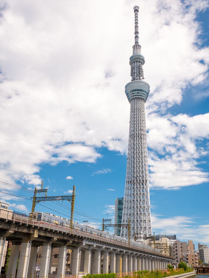 Tokio Japonia, Wrzesień, - 8, 2018: Widok Tokio linia horyzontu wzdłuż rzeki z taborowym omijaniem na moscie podczas gorącego pog obraz royalty free Tokio Japonia, Wrzesień, - 8, 2018: Widok Tokio linia horyzontu wzdłuż rzeki z taborowym omijaniem na moscie podczas gorącego pog obraz royalty free