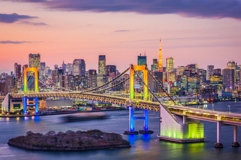Tokyo, Japan skyline on the bay with Rainbow Bridge. Tokyo, Japan skyline on the bay with Rainbow Bridge.
