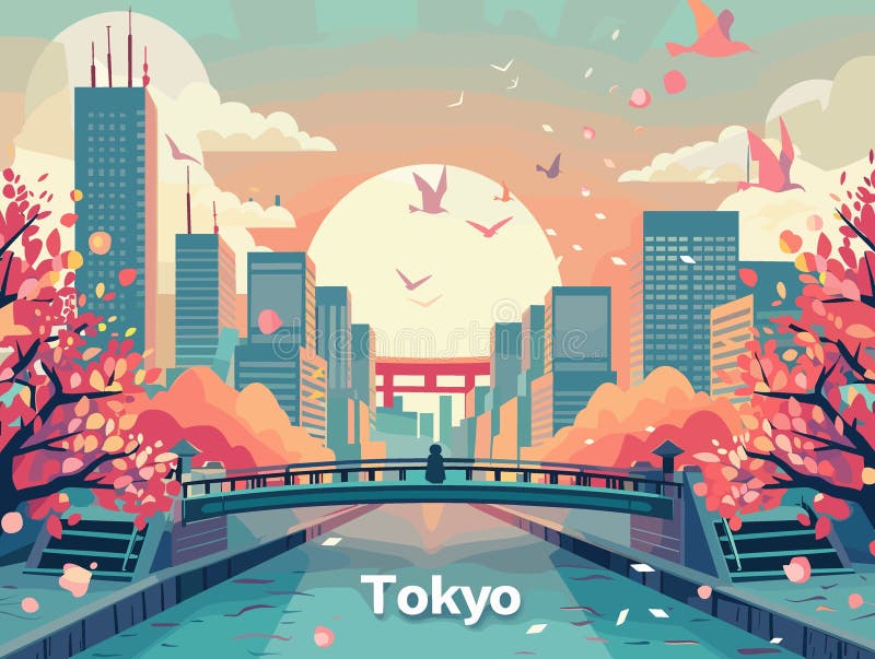 とうきょうシティ Tokyo City Beautiful Vector Illustration for Postcards, Web Sites