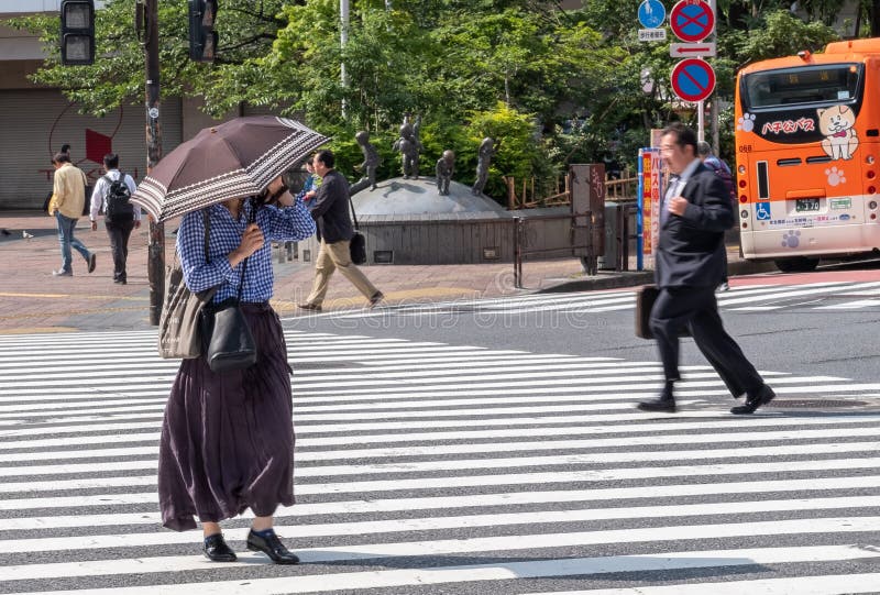 Woman With Umbrella In Hot Day, Tokyo, Japan