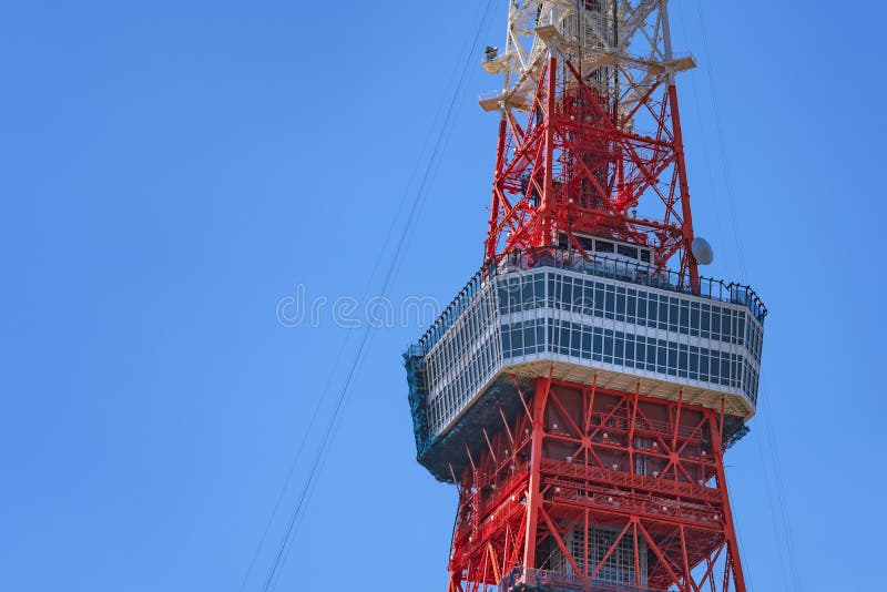 Close Up on the Main Deck Observatory of Tokyo Tower Against a Blue Sky.  Stock Photo - Image of antenna, main: 212365028