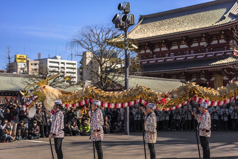 Golden dragon dance festival in the Sensoji temple of Asakusa.
